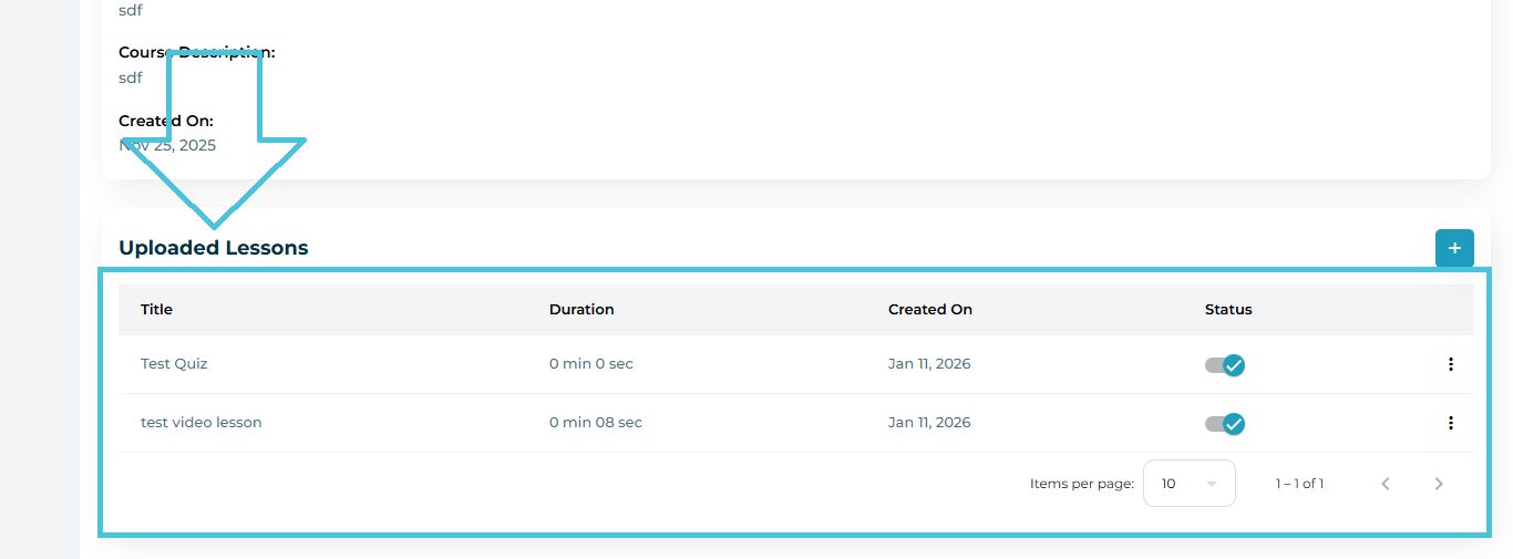 Uploaded Lessons tab in course detail page